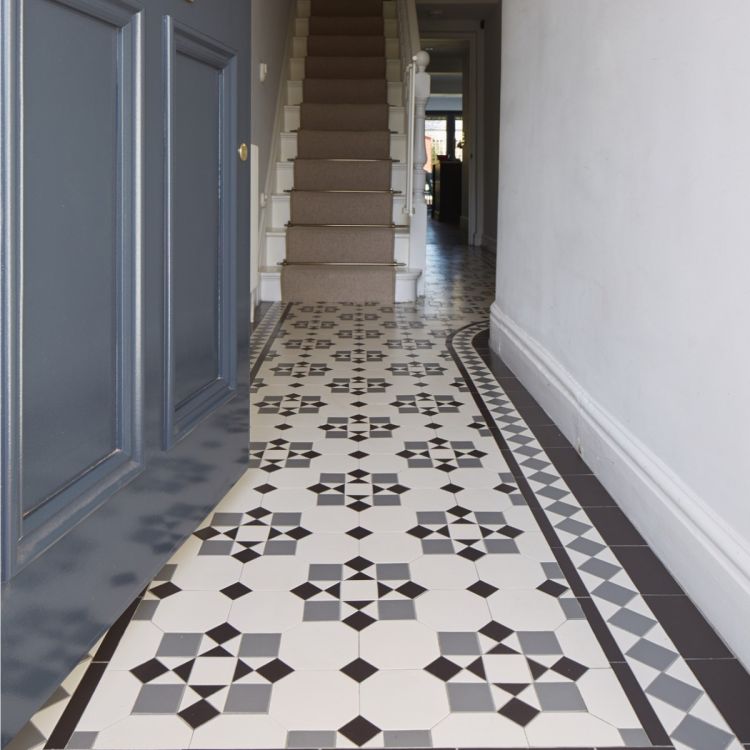 Original Style Victorian Tenby Black, Dover White & Grey with Cardigan drop-in Pattern-Floor-Tile