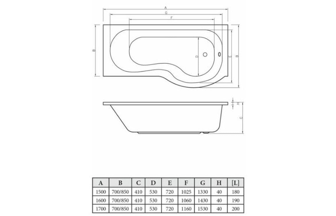 P-Shape Shower Bath, Panel & Screen-Baths-DIBSHP0014-