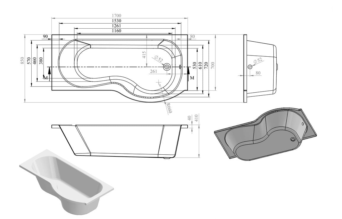 P-Shape Shower Bath, Panel & Screen-Baths-DIBSHP0014-