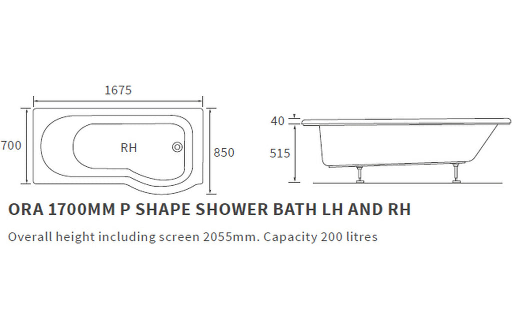 P Shape SUPERCAST Shower Bath, Panel & Screen-Shower Baths-DIBSHP0018-
