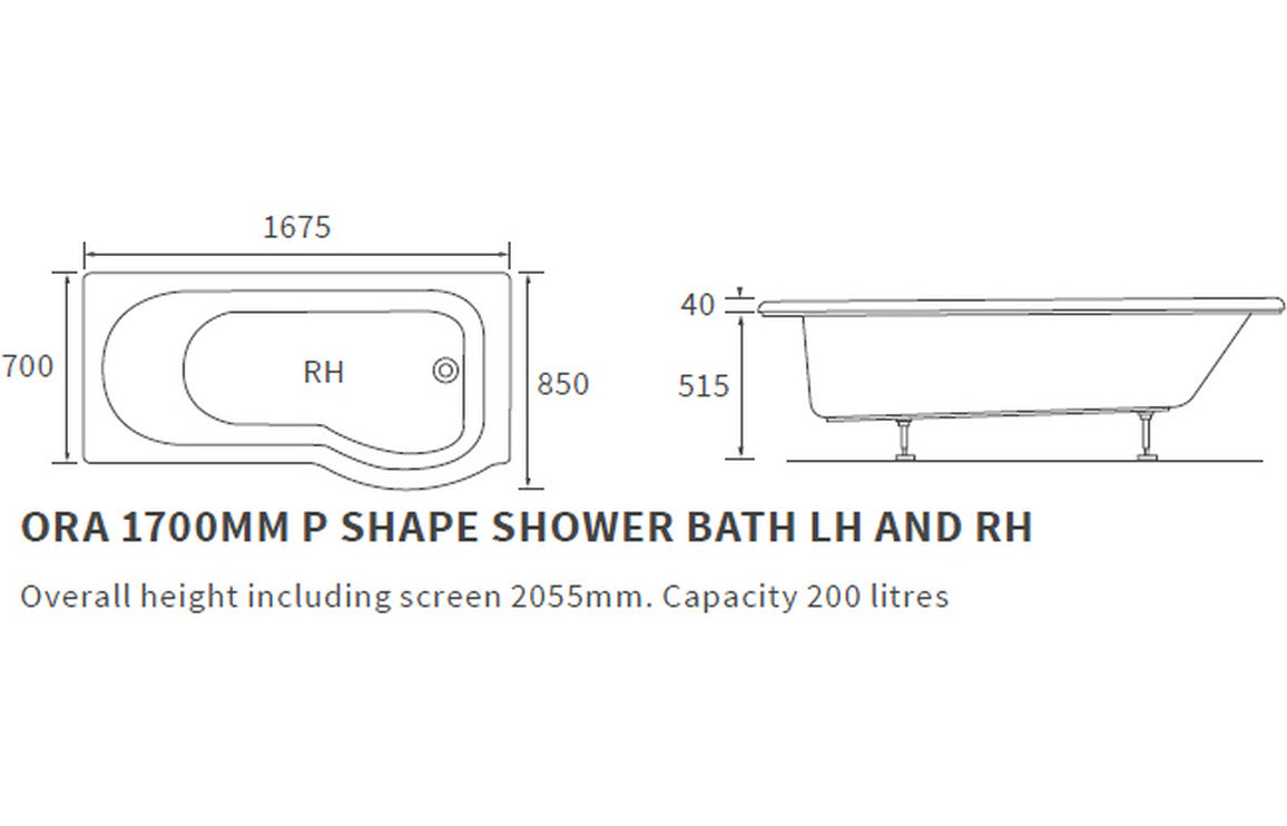 P Shape SUPERCAST Shower Bath, Panel & Screen-Shower Baths-DIBSHP0018-