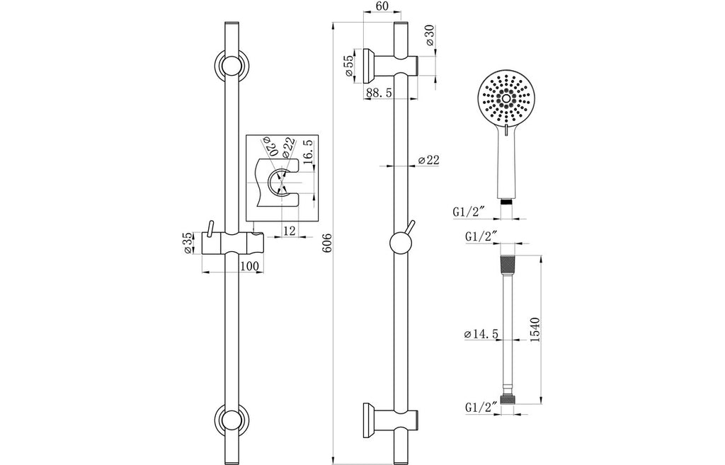 Round Premium Slider Rail Kit & 3 Mode Handset-Shower Rail Kits-DICM0618-