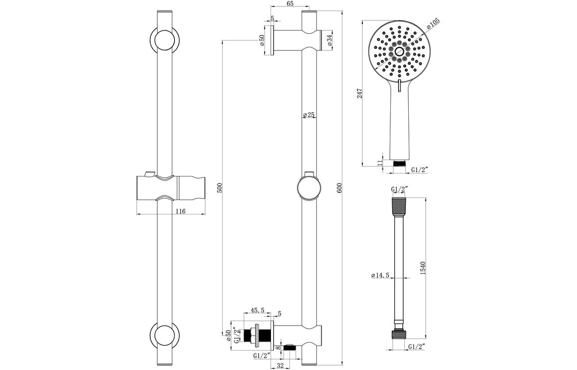 Round Premium Slider Rail Kit w/Elbow & 3 Mode Handset-Shower Rail Kits-DICM0620-