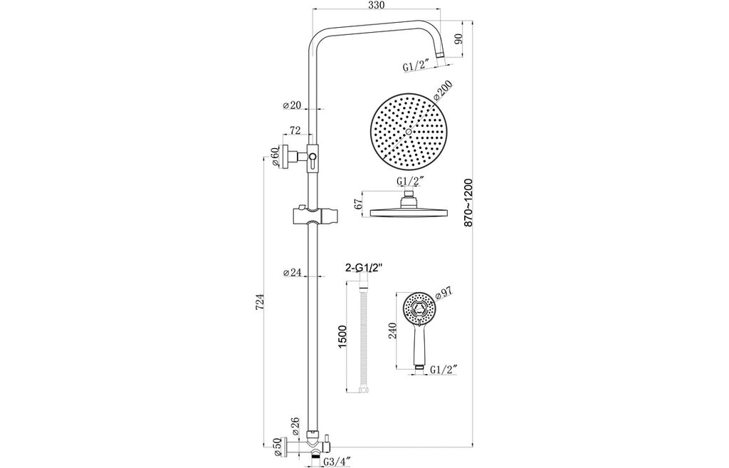 Round Shower Kit w/Overhead & Handset-Shower Rail Kits-DICM0626-