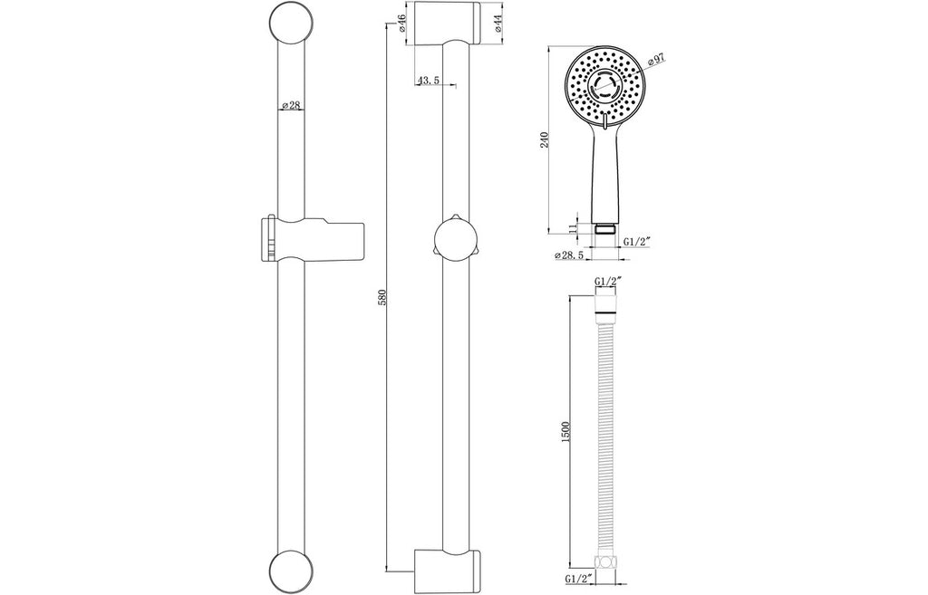 Round Slider Rail Kit & 3 Mode Handset-Shower Rail Kits-DIC0628-