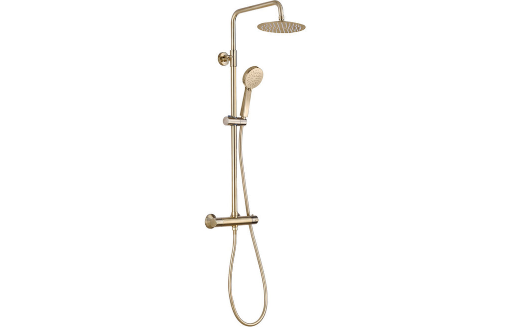 Round Thermostatic Bar Mixer and Riser Kit - Brushed Brass-Shower Rail Kits-DICM0706-