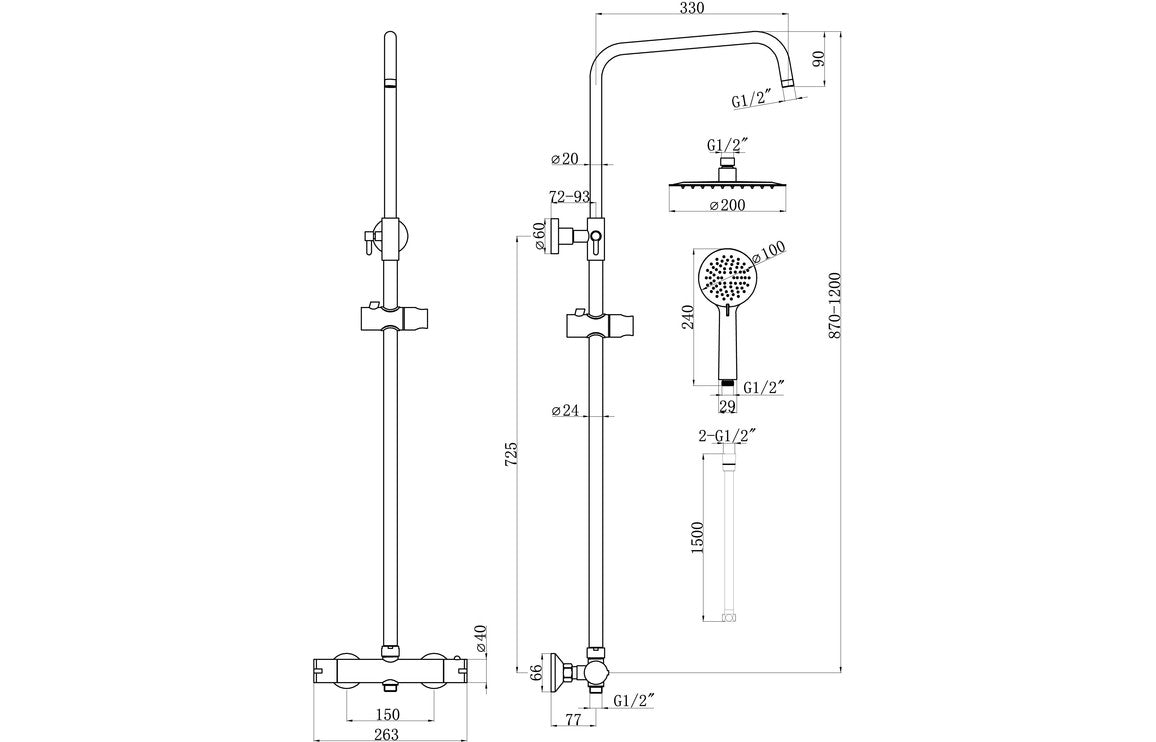 Round Thermostatic Bar Mixer Shower/Riser Kit - Matt Black-Shower Rail Kits-DICM0694-