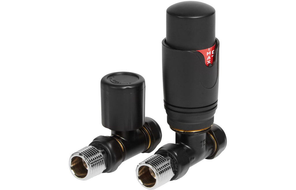 Round Thermostatic Matt Black Radiator Valves-Heating-DIRA0326-Straight-