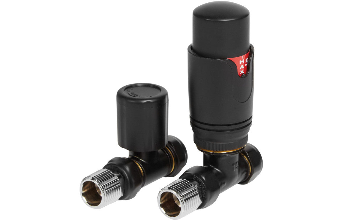 Round Thermostatic Matt Black Radiator Valves-Heating-DIRA0326-Straight-