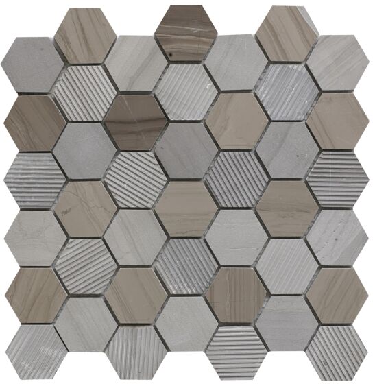 Verona Coffee Stone Hexagon Mixed Finish Marble Mosaic Wall and Floor Tile 30x30cm