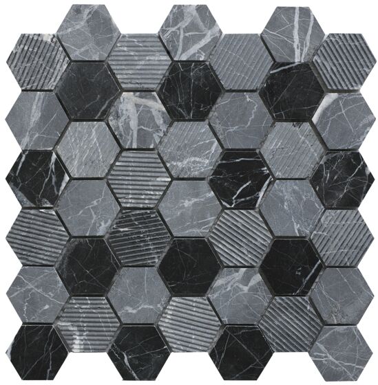 Verona Midnight Stone Hexagon Mixed Finish Marble Mosaic Wall and Floor Tile 30x30cm