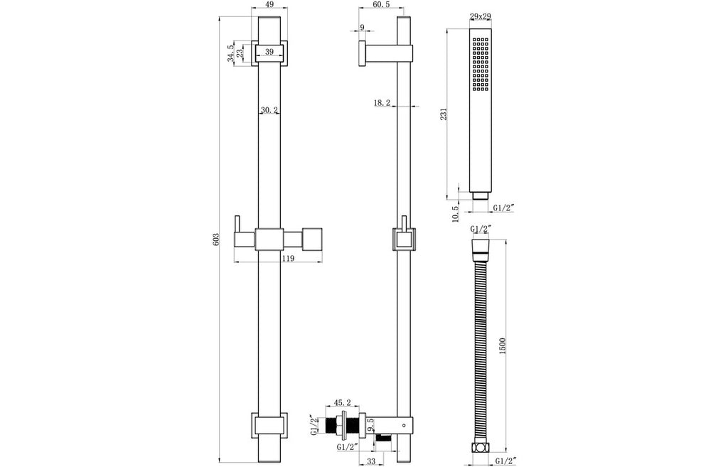 Square Premium Slider Rail Kit and Elbow-Shower Rail Kits-DICM0624-