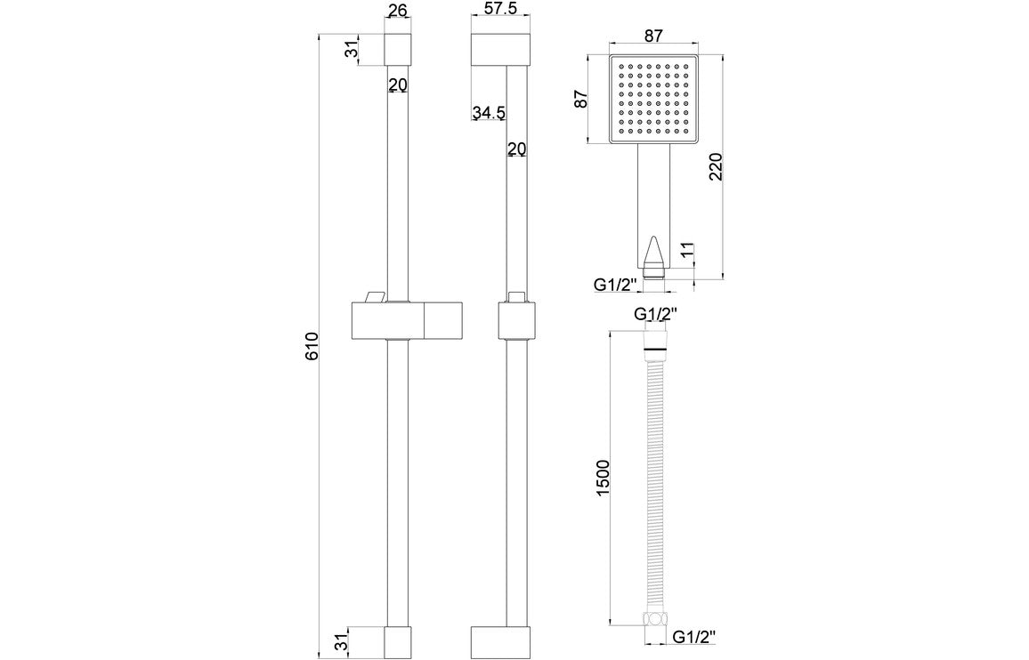 Square Slider Rail Kit & Single Mode Handset-Shower Rail Kits-DICM0630-