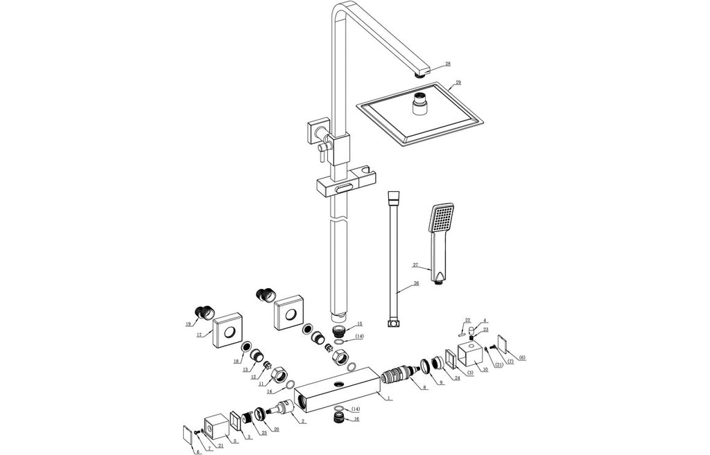 Square Thermostatic Bar Mixer w/Riser Kit - Matt Black-Shower Rail Kits-DICM0692-
