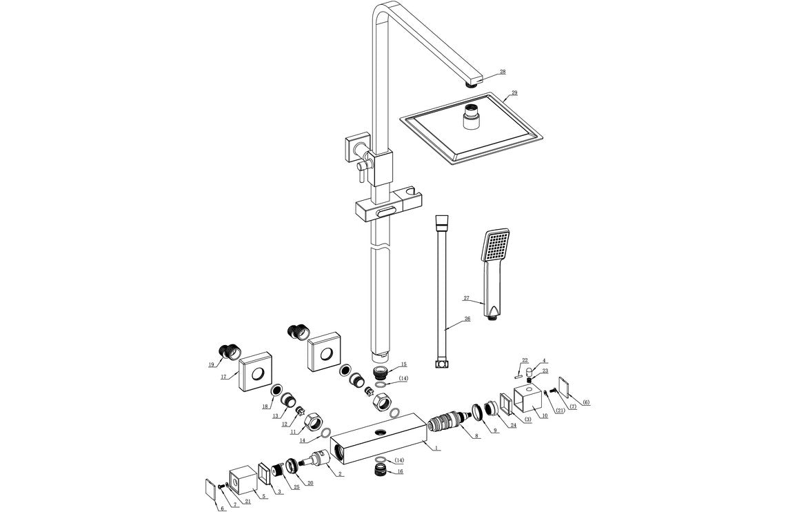 Square Thermostatic Bar Mixer w/Riser Kit - Matt Black-Shower Rail Kits-DICM0692-