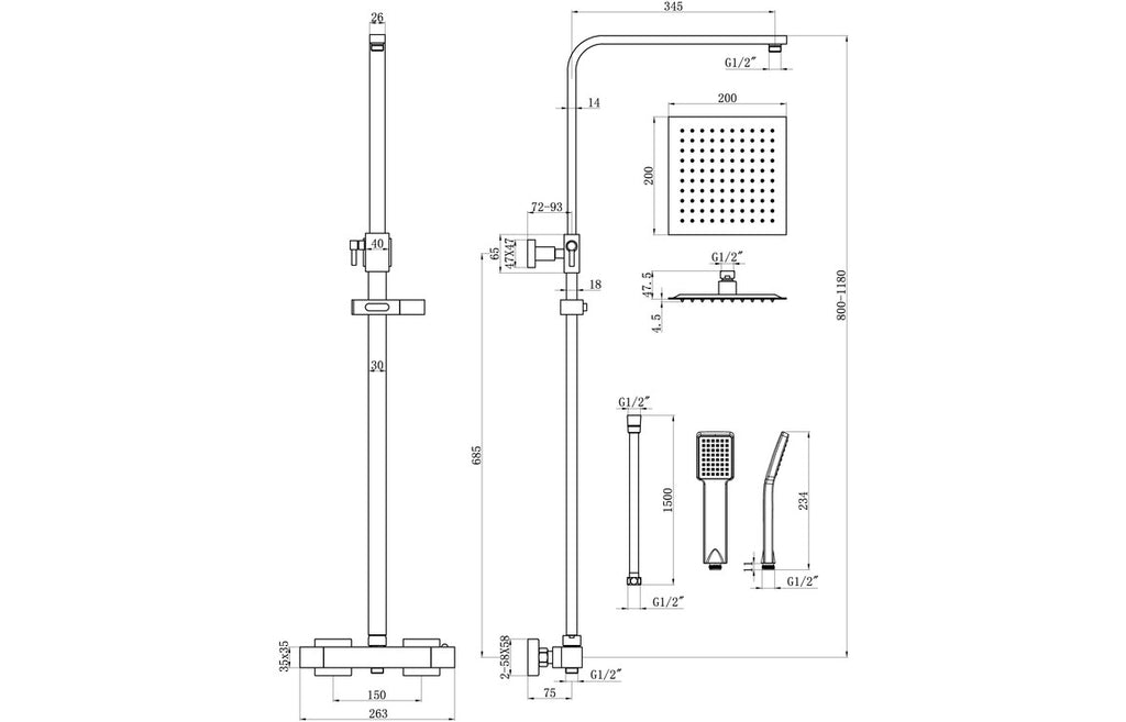 Square Thermostatic Bar Mixer w/Riser Kit - Matt Black-Shower Rail Kits-DICM0692-