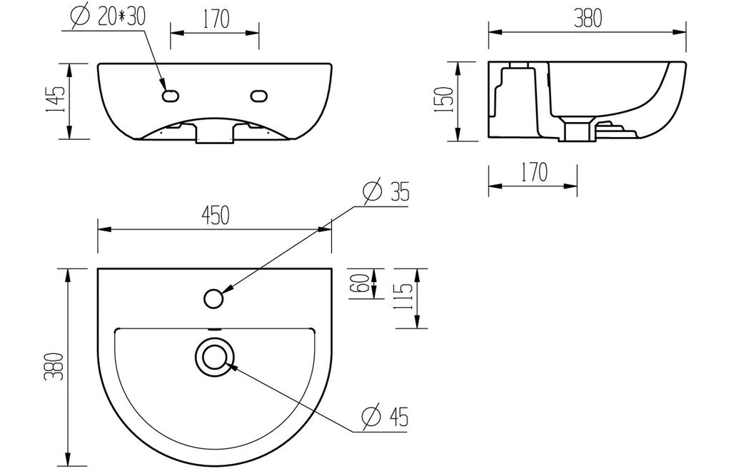 Tammy 450x400mm 1TH Cloakroom Basin & Bottle Trap-Basins-DIBP1162-