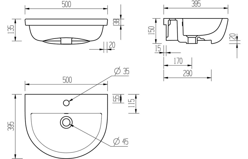 Tammy 500x390mm 1TH Semi Recessed Basin-Basins-DIPB1204-
