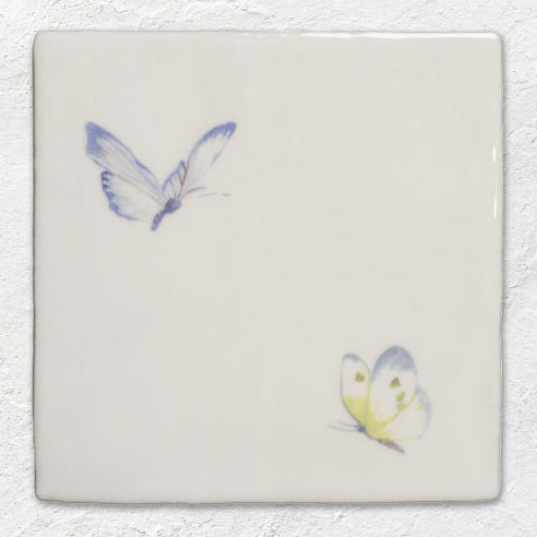 The Winchester Tile Collection Butterflies on Cotton Ceramic Tile 13x13cm Lavender Sprite & Emerald Siren Decorative Tile Pastel on Cotton
