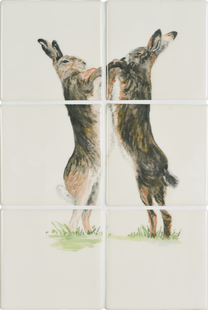 The Winchester Tile Collection Classic Family of Hares-Boxing Hares 6 Tile Panel (36.9x24.6cm)-IM-0033808