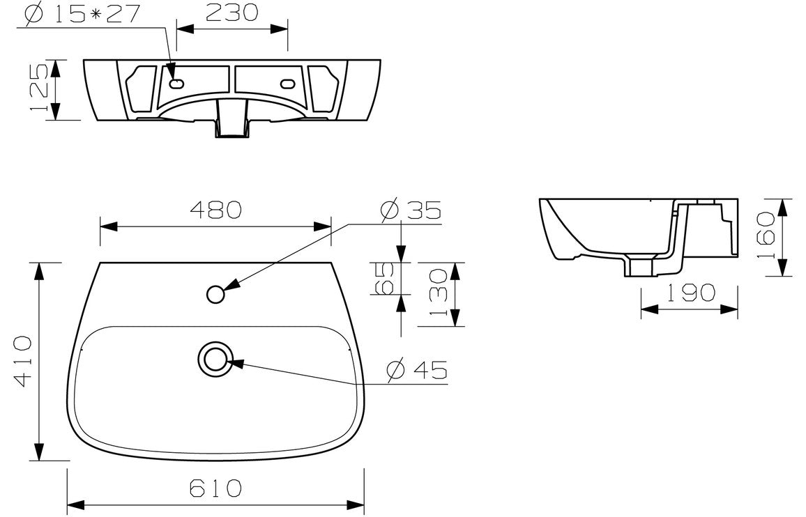 Tilly 600x400mm 1TH Basin & Semi Pedestal-Basins-DIBP1150-