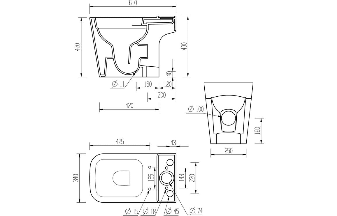 Tilly Rimless Close Coupled Open Back Short Projection WC-Toilets-DIPTP0300-