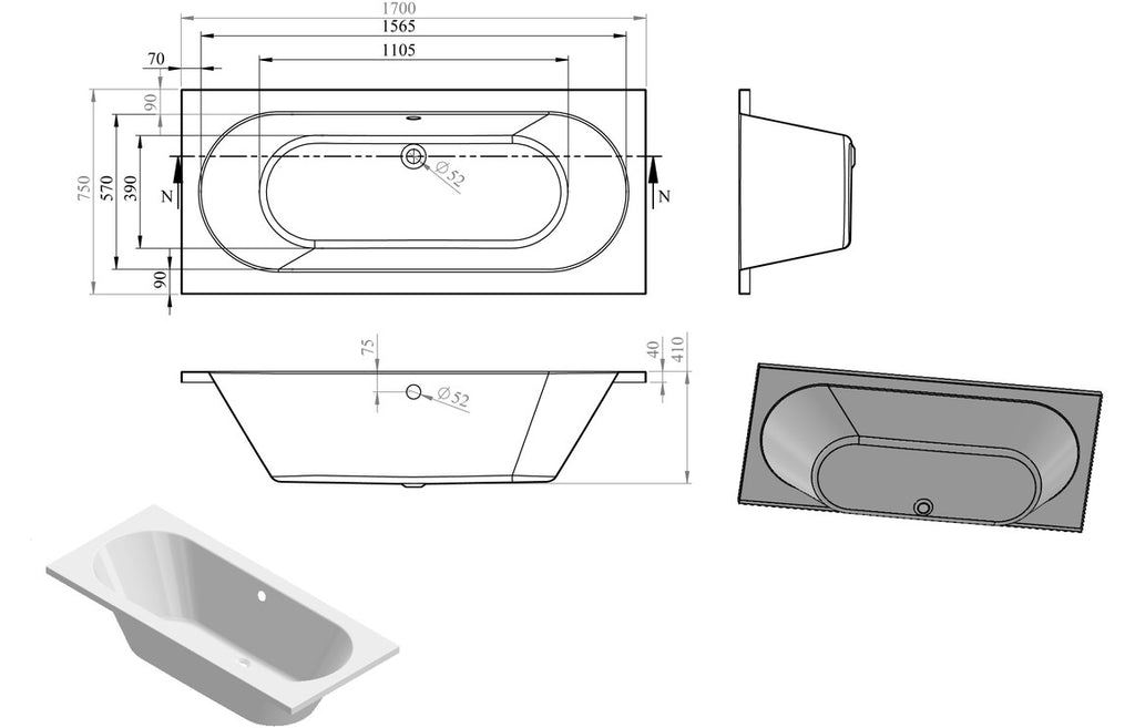 Trojan Cascade Round Double Ended Reinforced Bath 1700x750mm-Baths-CAPAB0582T-