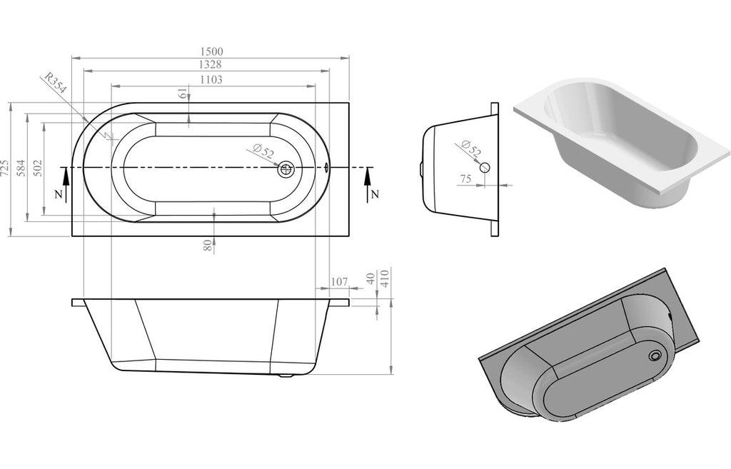 Trojan J Shape Bath 1500x750mm-Baths-CAPAB0492-