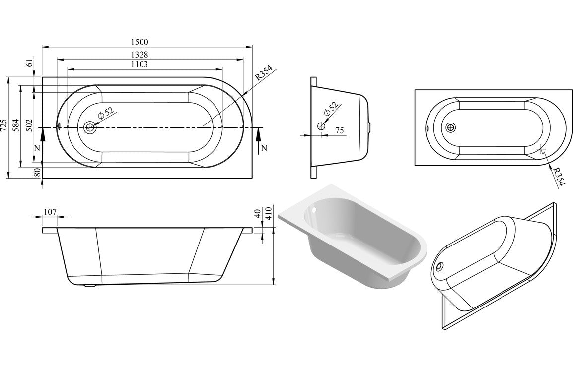 Trojan J Shape Bath 1500x750mm-Baths-CAPAB0492-