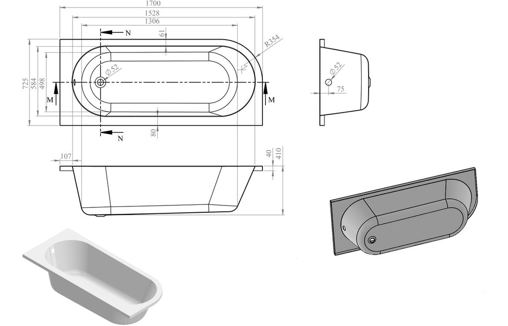 Trojan J Shape Bath 1700x725mm-Baths-CAPAB0482-