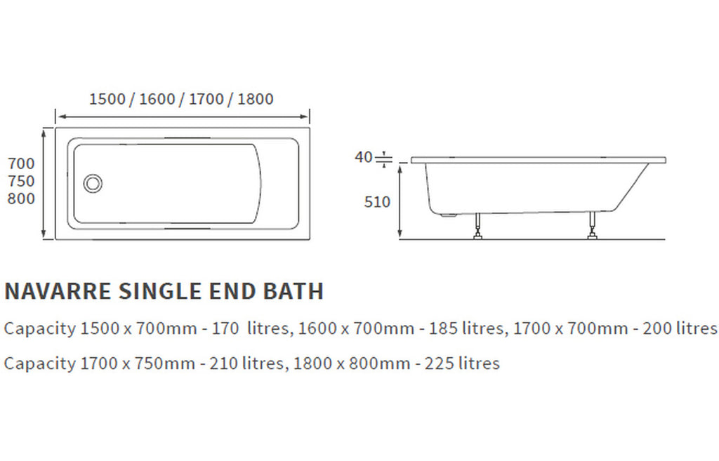 Trojan Solarna Single Ended Bath 1800x800mm-Baths-CAPAB0210-