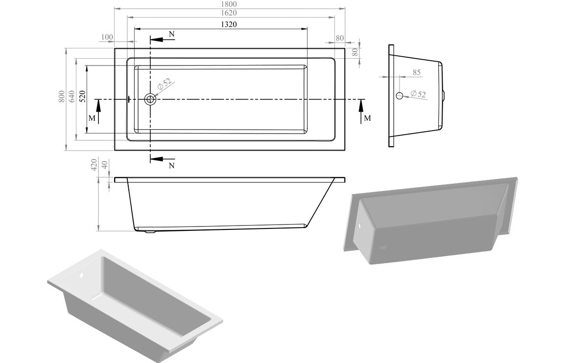 Trojan Solarna Single Ended Bath 1800x800mm-Baths-CAPAB0210-