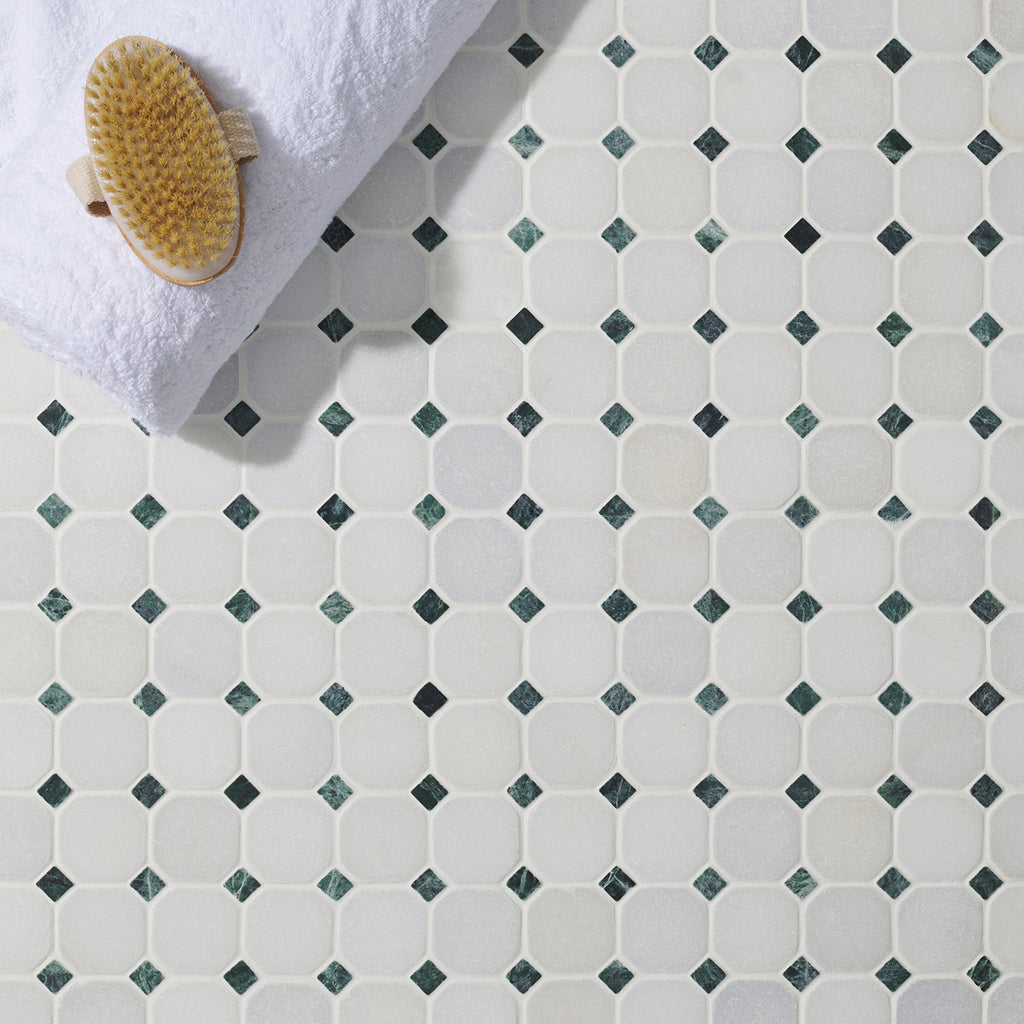 Venetian White & Green Octagon Mosaic Floor Tile 30x30cm-