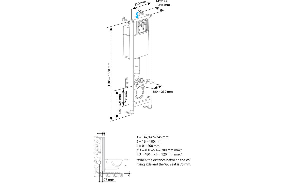 Wall Hung 1.1m WC Frame (inc. Cistern)-Frames, Flushplates & Cisterns-DIAC0286-