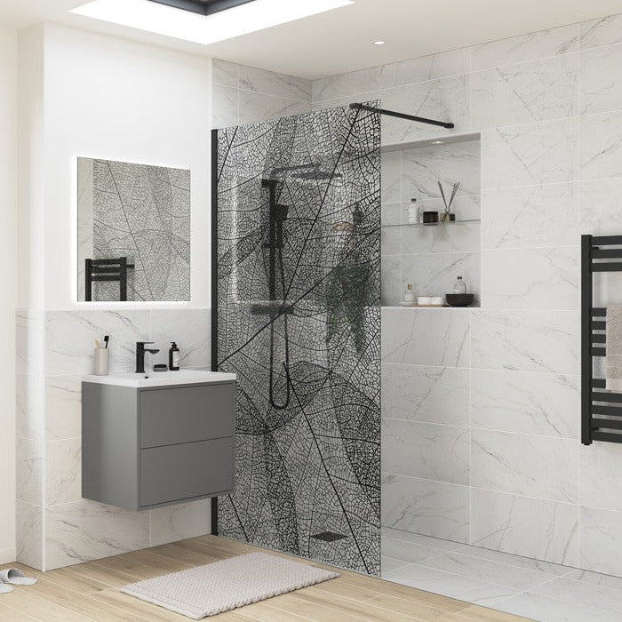Wet Room Front Panel Black Leaf Design 1200mm-Shower Enclosures-DIEWP1234-
