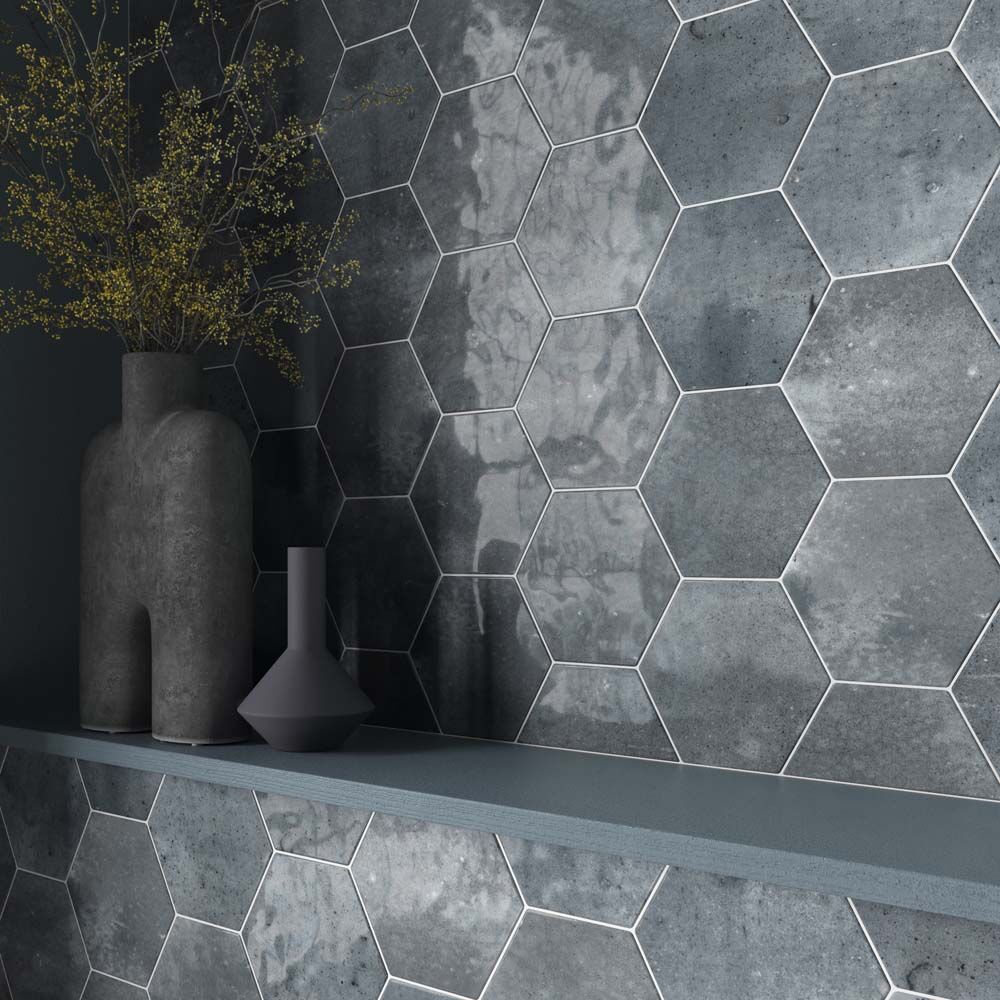 Hope Blue Hexagon Gloss Ceramic Wall Tiles 15x17.3cm-Verona-P12068