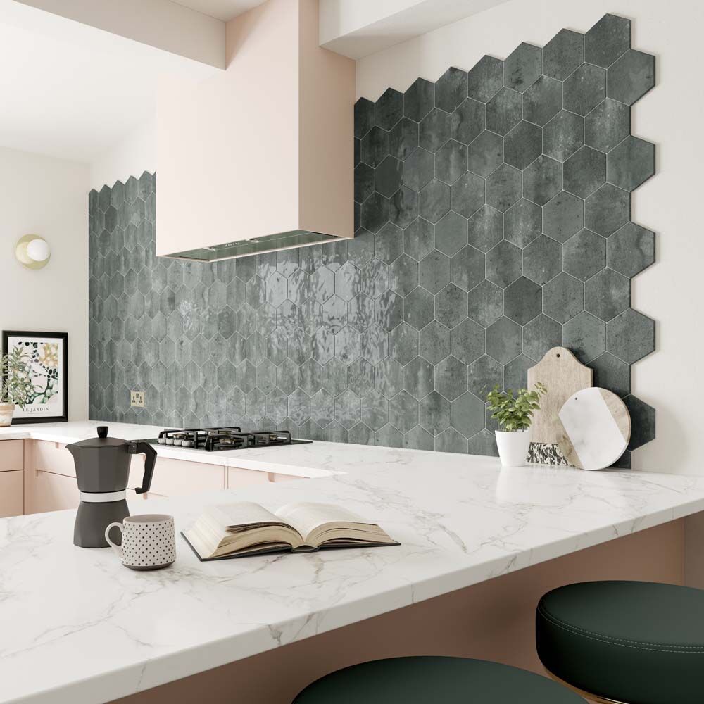 Hope Green Hexagon Gloss Ceramic Wall Tiles 15x17.3cm-Verona-P12069