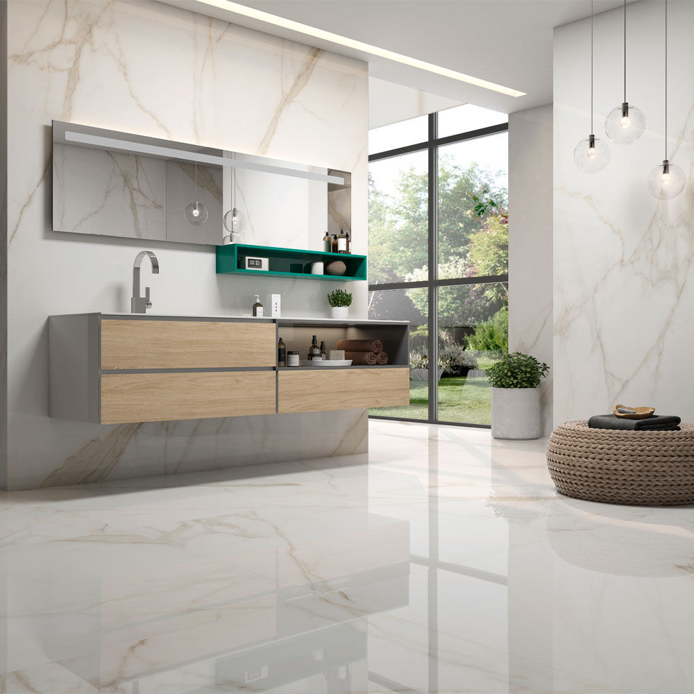 Tholos Gold Marble Effect Polished Porcelain Tile 60x120cm-Verona-P11608