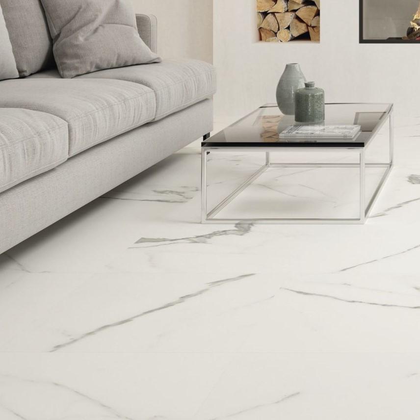 Carrara White Marble Effect Gloss Floor Tile 60x60cm