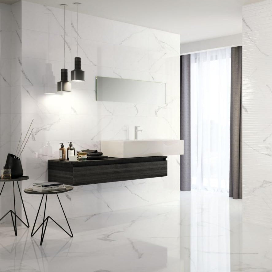 Carrara White Marble Effect Gloss Wall Tile 30x60cm