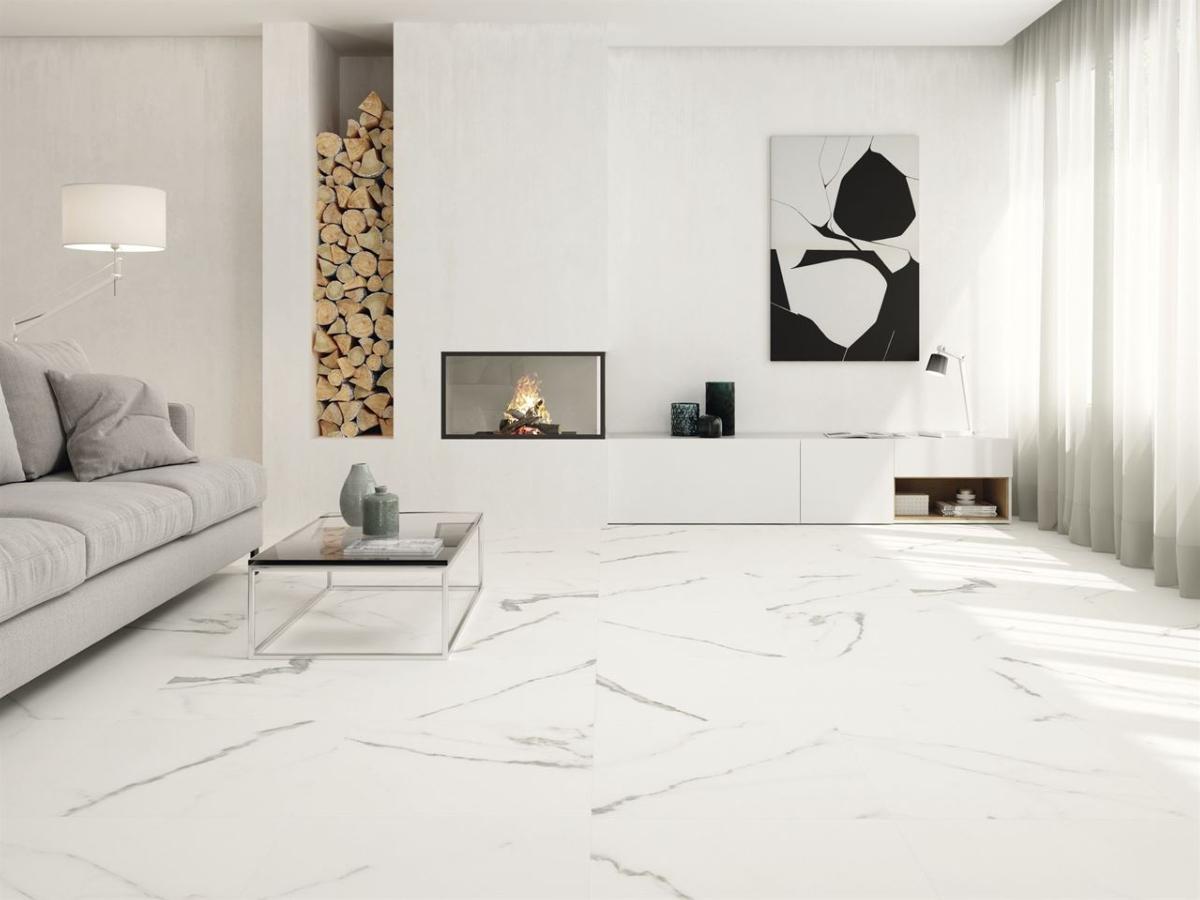 Carrara White Marble Effect Gloss Floor Tile 60x60cm