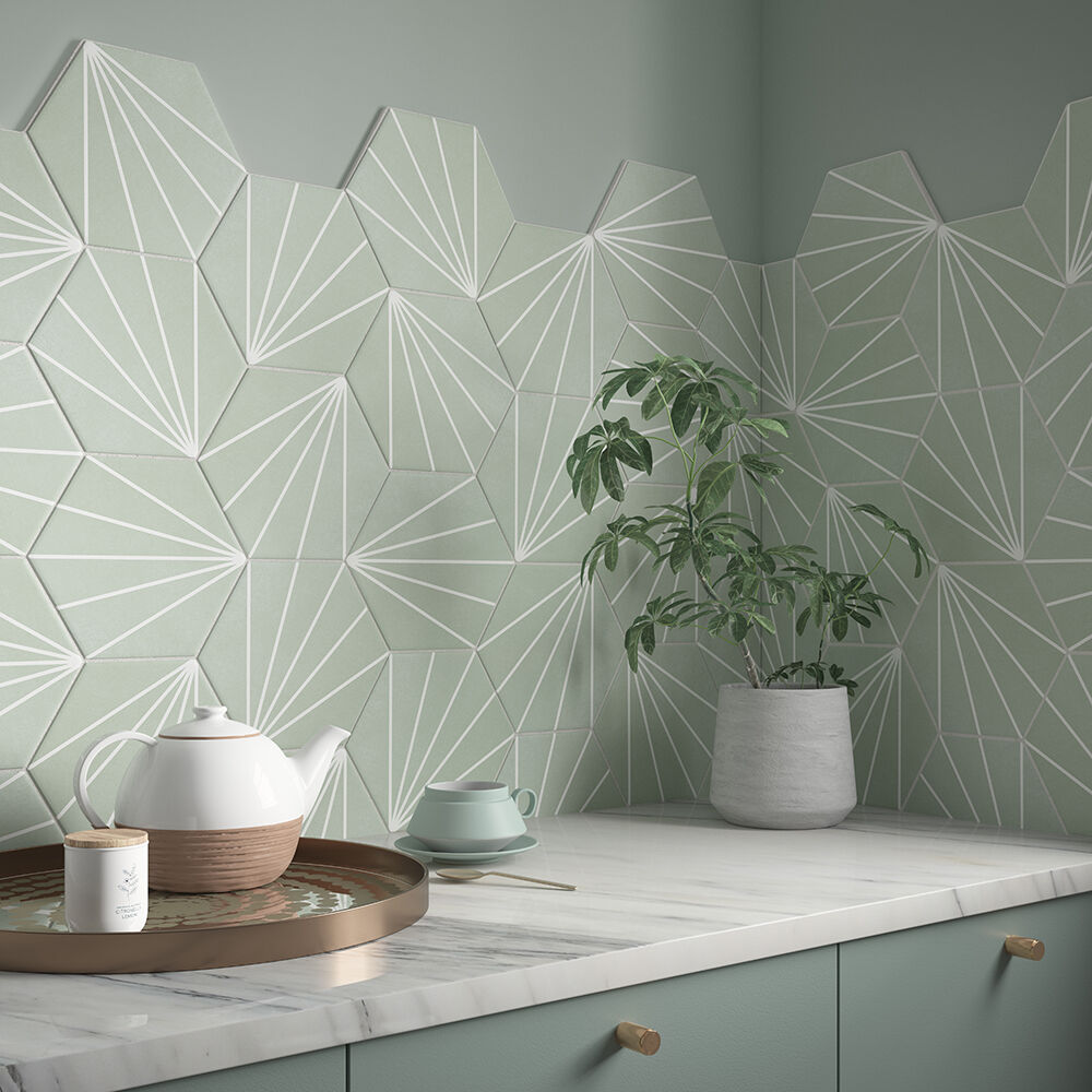 Sunburst Mint Matt Hexagon Glazed Porcelain Wall and Floor Tile 23.2x26.7cm